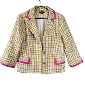 Karen Kane Tweed Plaid Blazer Jacket Womens Size 10 Green White Pink Corpcore